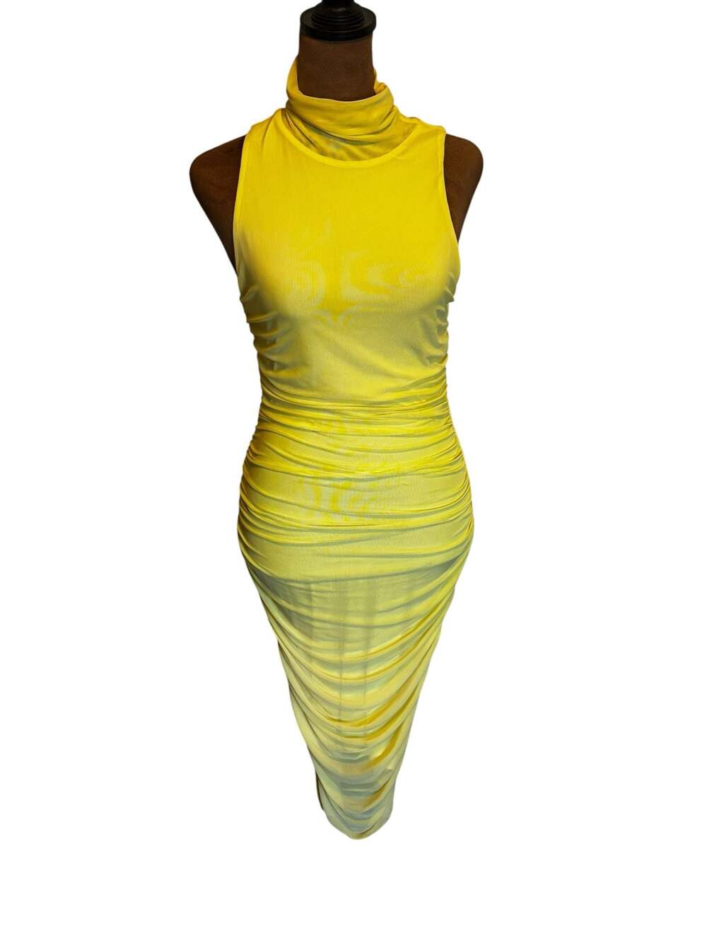 AFRM Sleeveless Mock Neck Ruched Midi Dress in Neon Yellow Size Small - Picture 2 of 6